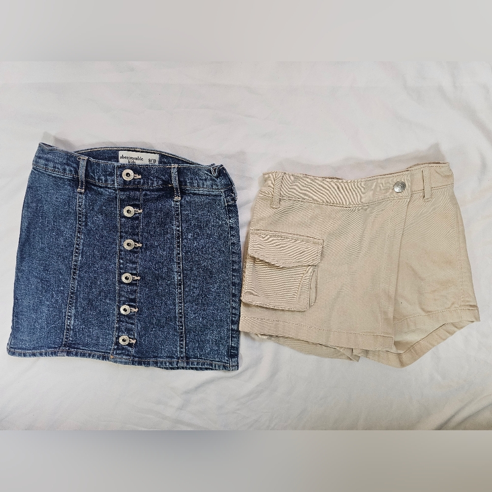 Abercrombie Girls Khaki Skort And Denim Button-Front Mini Skirt- 9/10